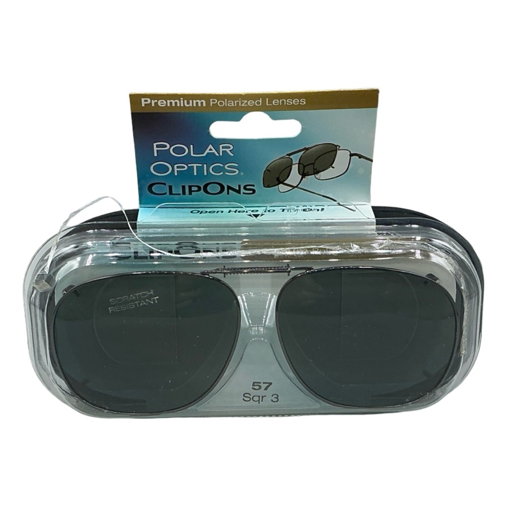 Polar Optics ClipOn Premium Polarized Sunglasses 57 Sqr 3 Gray Lenses Case